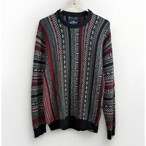 Hollister Black Red Gray Pullover Sweater SMALL Knit Cotton Blend Crew Neck
